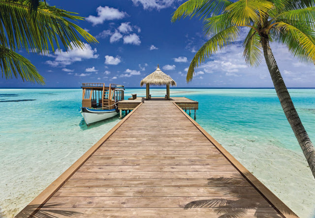 Beach Resort Blue Scenic Wall Mural with Tropical Dock and Palm Scene - Komar 8-921
