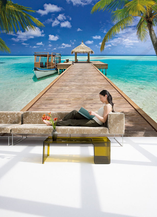 Beach Resort Blue Scenic Wall Mural with Tropical Dock and Palm Scene - Komar 8-921