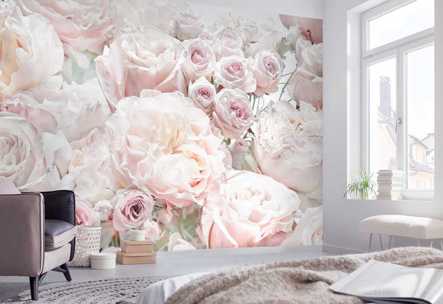 Spring Roses Pink Floral Photorealistic Wall Mural with Modern Nature Theme - Komar 8-976