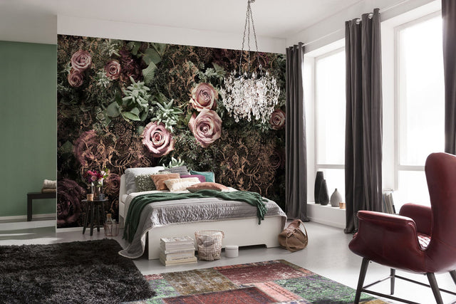 Velvet Pink Floral Wall Mural with Modern Flower Pattern - Komar 8-980