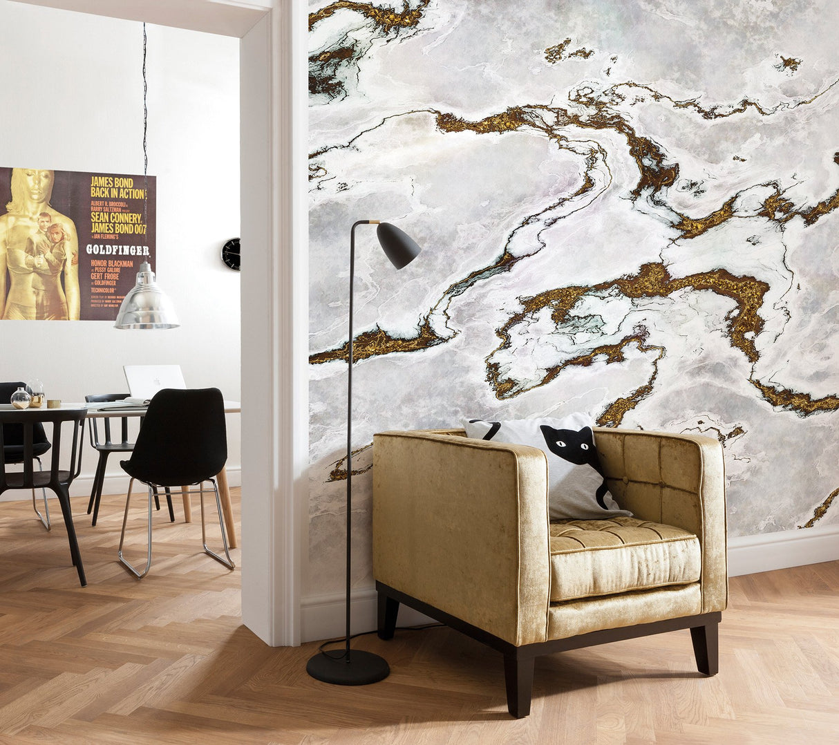 Marmoro White and Gold Faux Marble Wall Mural with Industrial Style - Komar 8-981