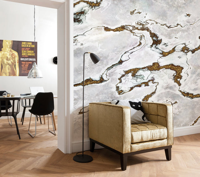 Marmoro White and Gold Faux Marble Wall Mural with Industrial Style - Komar 8-981