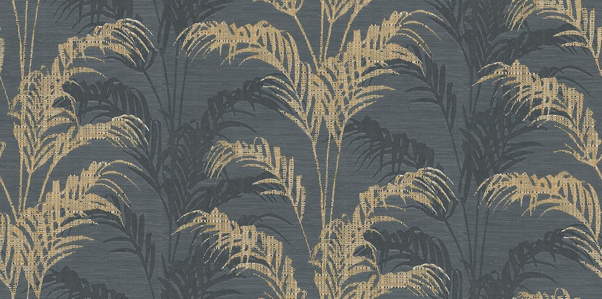 Rattan Charcoal Palm Wallpaper by Advantage with palm fronds on dark charcoal ground