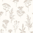 Luminous Botanical Sketch Silver metallic floral wallpaper roll and room view