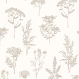 Luminous Botanical Sketch Silver metallic floral wallpaper roll and room view