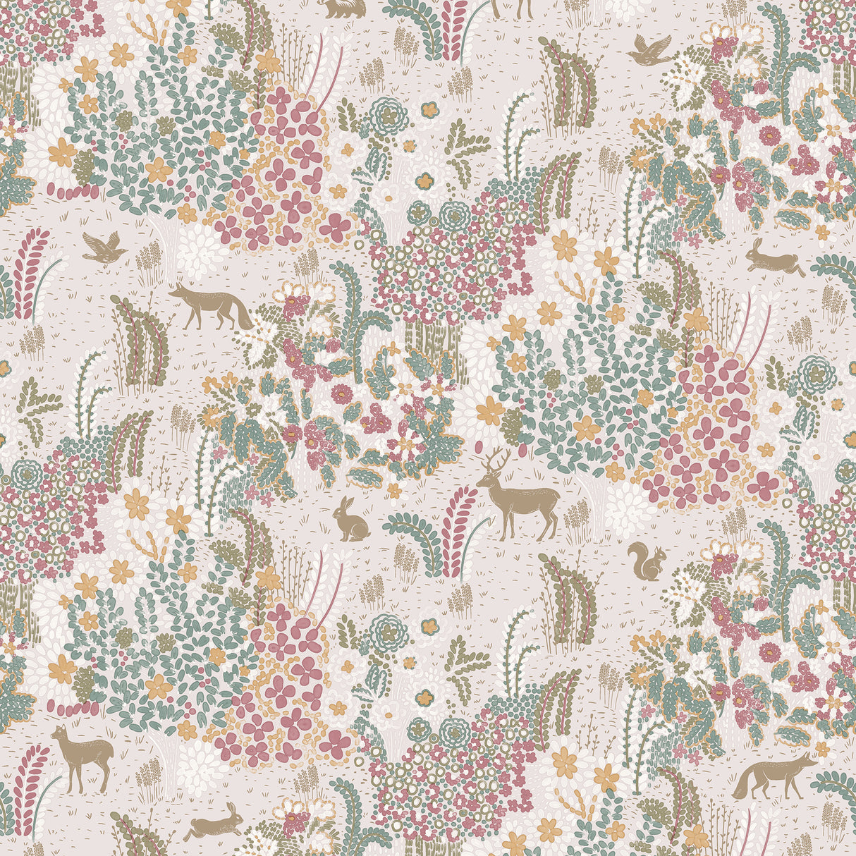 Babylon Pink floral woodland wallpaper roll with metallic accents, 20.86 in x 33 ft