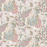 Babylon Pink floral woodland wallpaper roll with metallic accents, 20.86 in x 33 ft