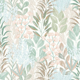 Serene Meadow aqua blue and green floral wallpaper on white ground roll view