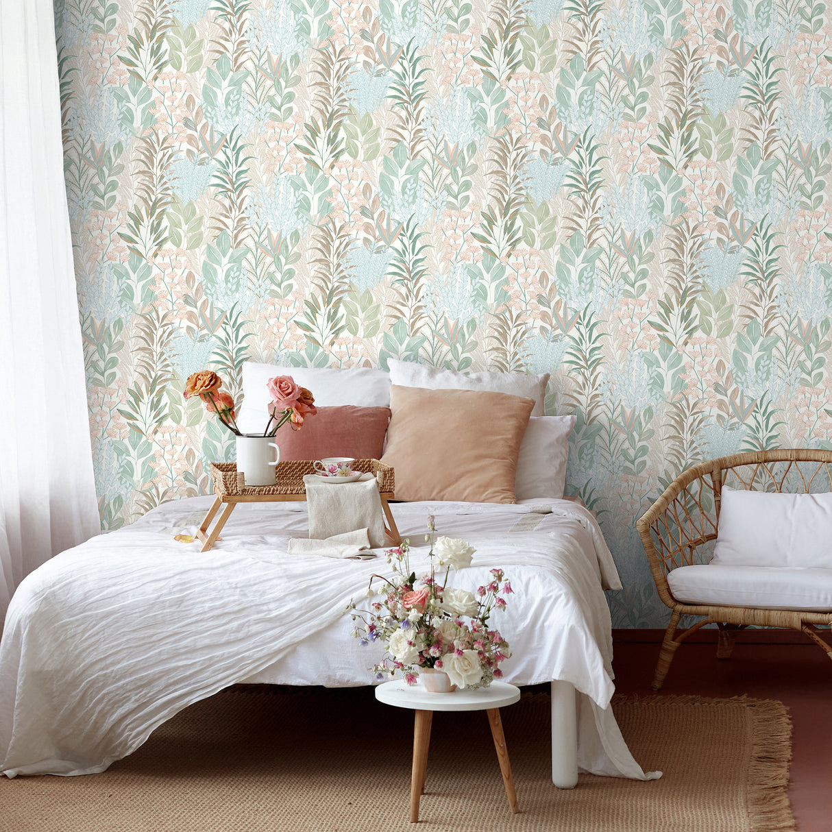 Serene Meadow Aqua Blue and Green on White Ground by Veer Decor Floral Wallpaper – Veer Decor 8195-AD1