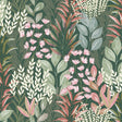Serene Meadow Green Ground botanical floral wallpaper roll, 20.86 in x 33 yd