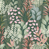 Serene Meadow Green Ground botanical floral wallpaper roll, 20.86 in x 33 yd