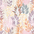 Serene Meadow botanical wallpaper in orange and purple on white ground roll and room scene