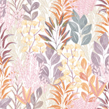 Serene Meadow botanical wallpaper in orange and purple on white ground roll and room scene