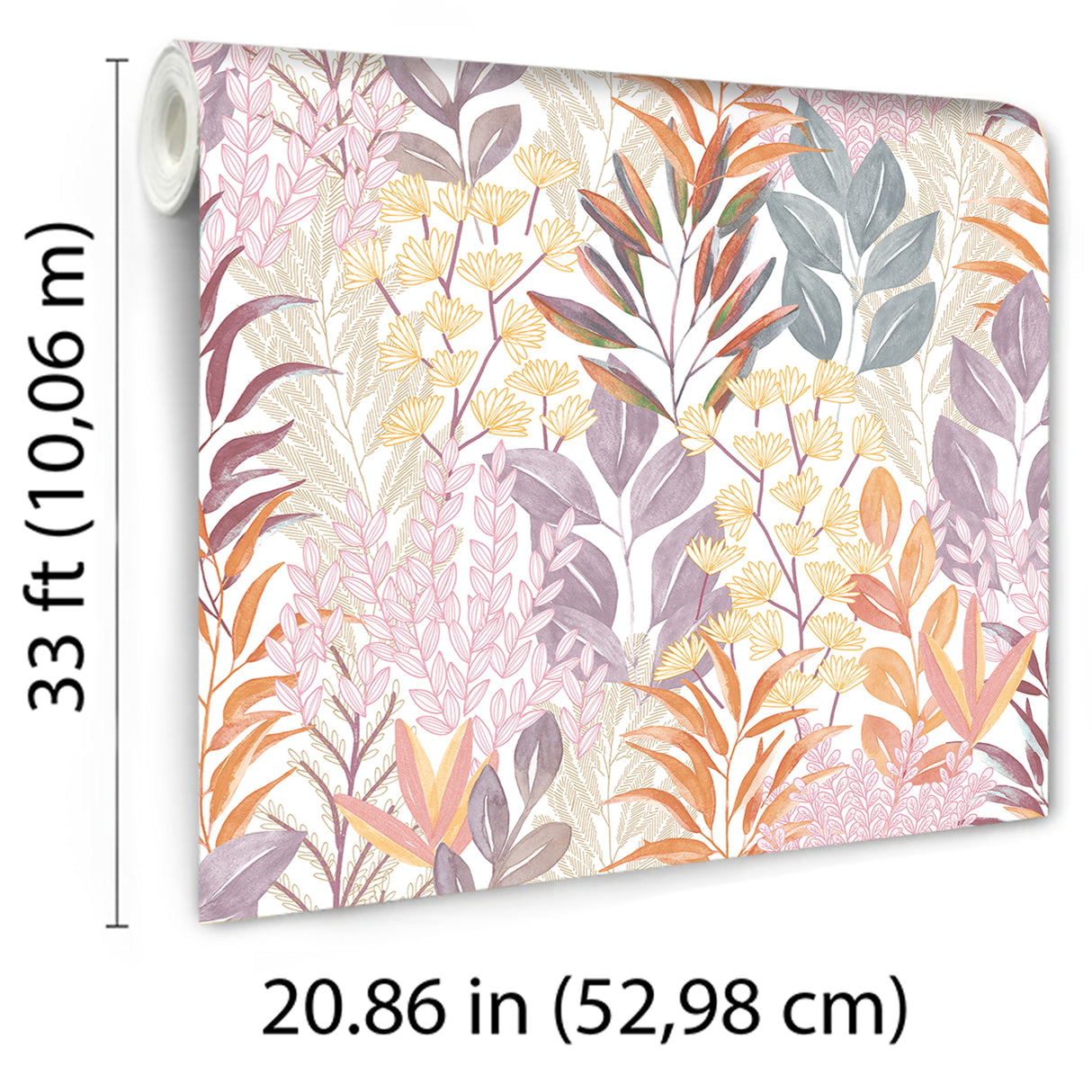 Serene Meadow Orange and Purple on White Ground by — Floral Wallpaper – Veer Decor 8195-AD4