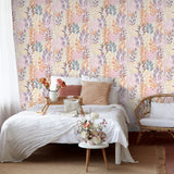 Serene Meadow Orange and Purple on White Ground by — Floral Wallpaper – Veer Decor 8195-AD4