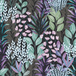 Serene Meadow floral wallpaper in green and purple on black ground, 20.86 in x 33 ft roll