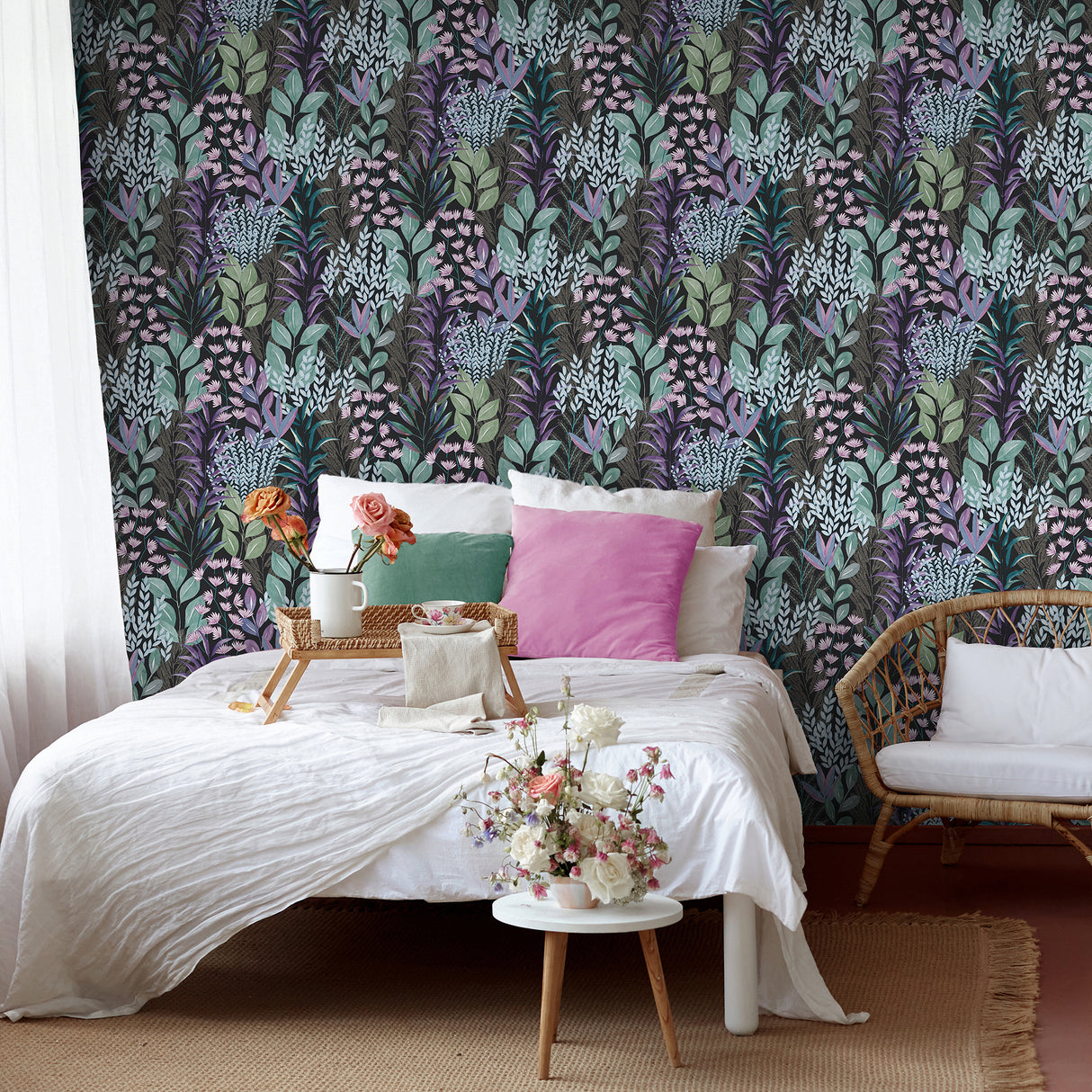 Serene Meadow Green and Purple on Black Ground by — Floral Wallpaper – Veer Decor 8195-AD5