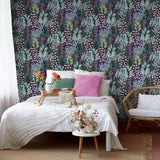 Serene Meadow Green and Purple on Black Ground by — Floral Wallpaper – Veer Decor 8195-AD5