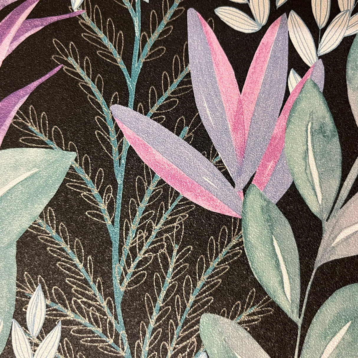 Serene Meadow Green and Purple on Black Ground by — Floral Wallpaper – Veer Decor 8195-AD5