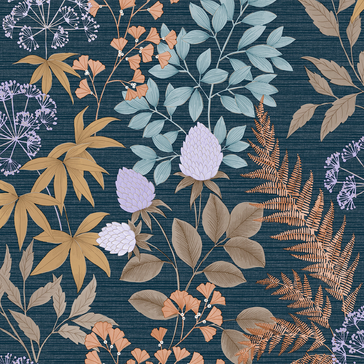 Gilded Bloom Blue Ground floral wallpaper roll with metallic accents