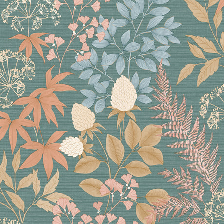 Gilded Bloom Green Ground floral wallpaper roll with metallic details