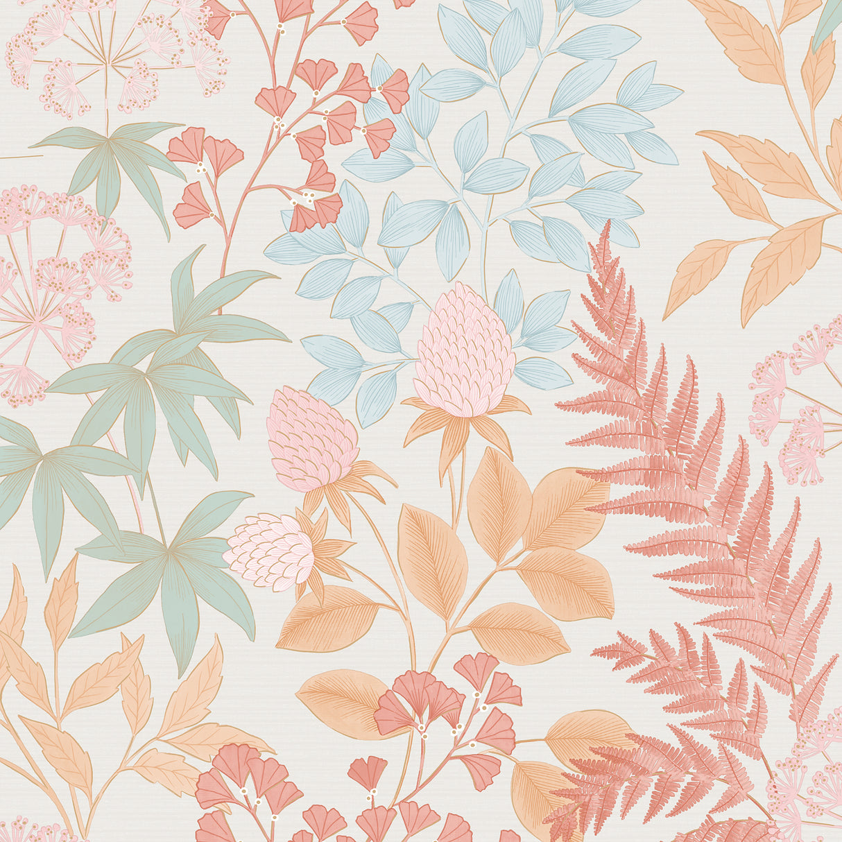 Gilded Bloom Red on White Ground floral wallpaper roll with pastel leaves and flowers