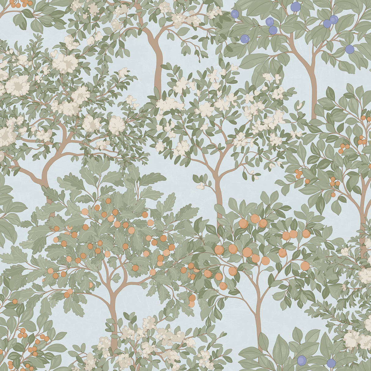 Arbor Serenade Blue wallpaper roll with botanical fruiting trees and blossoms