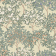 Arbor Serenade wallpaper in green trees and blossoms on a yellow ground roll and room view
