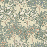 Arbor Serenade wallpaper in green trees and blossoms on a yellow ground roll and room view