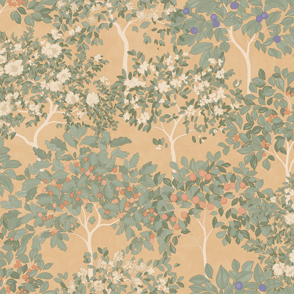 Arbor Serenade Green on Orange wallpaper roll showing floral and fruiting tree pattern