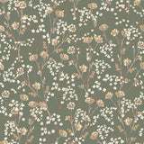 Blossom Branches Olive floral wallpaper roll and room view