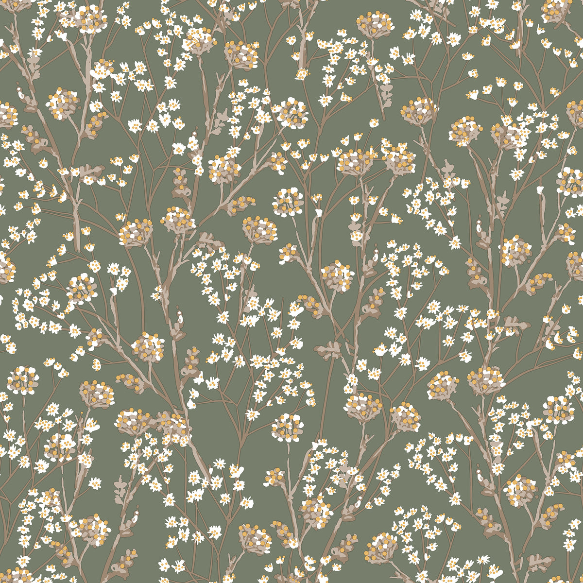 Blossom Branches Olive wallpaper sample with floral branches on sage background