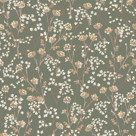 Blossom Branches Olive wallpaper sample with floral branches on sage background