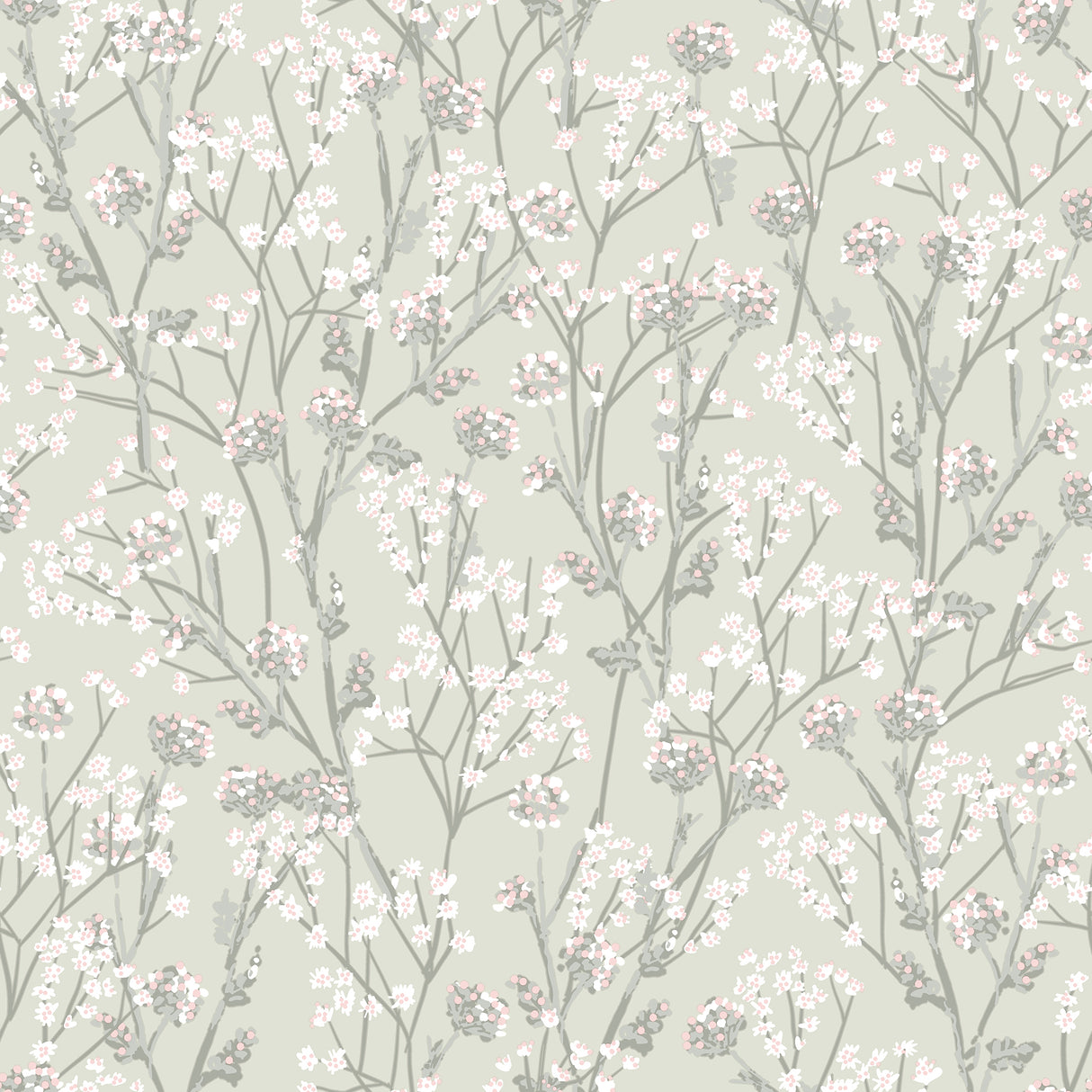 Blossom Branches Grey Green floral wallpaper roll and room scene