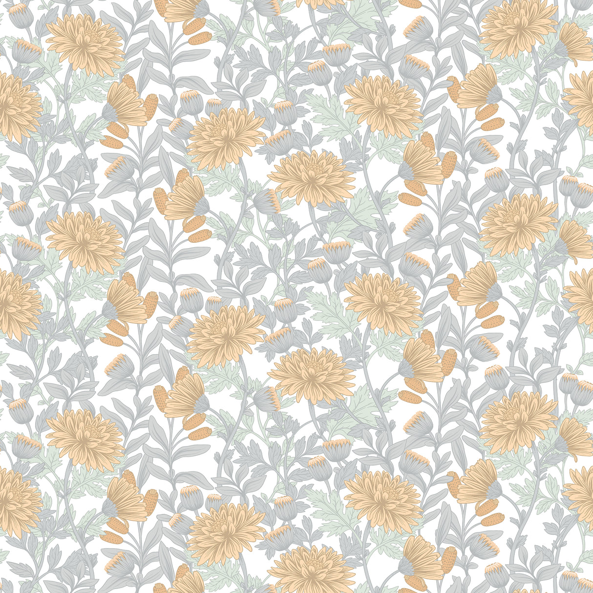 Floral Sonata Yellow and Grey textured floral wallpaper roll, 20.86 in x 33 ft