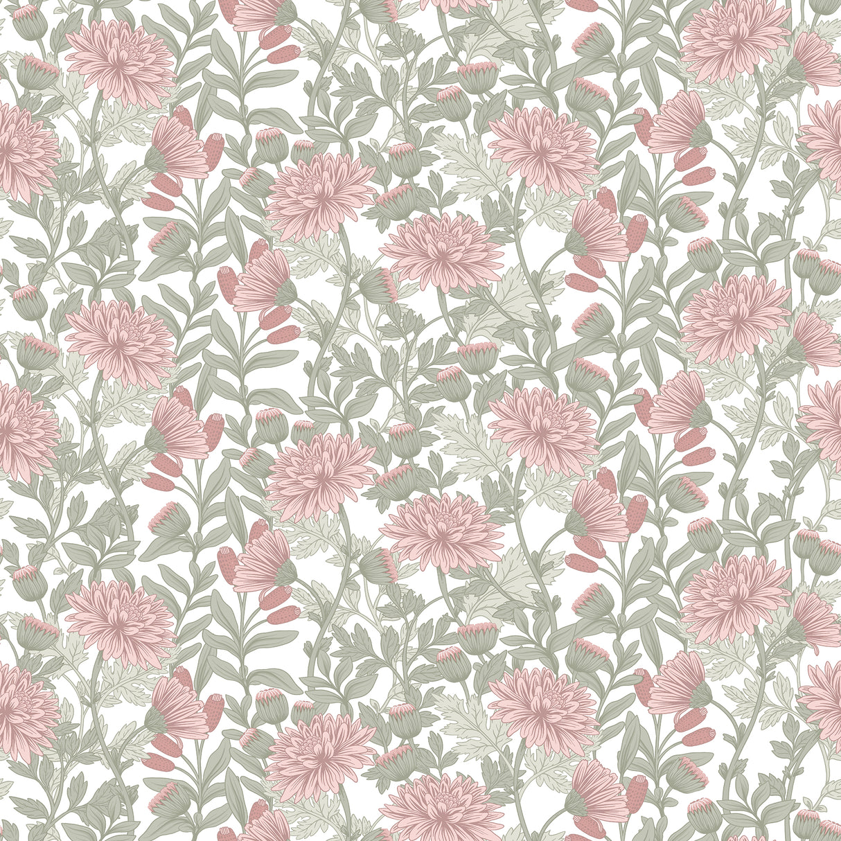 Floral Sonata Pink and Green non-woven unpasted wallpaper roll with pink flowers and green leaves