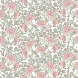 Floral Sonata Pink and Green non-woven unpasted wallpaper roll with pink flowers and green leaves