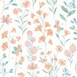 Floral Candy Orange non-woven wallpaper with pastel flowers on white background