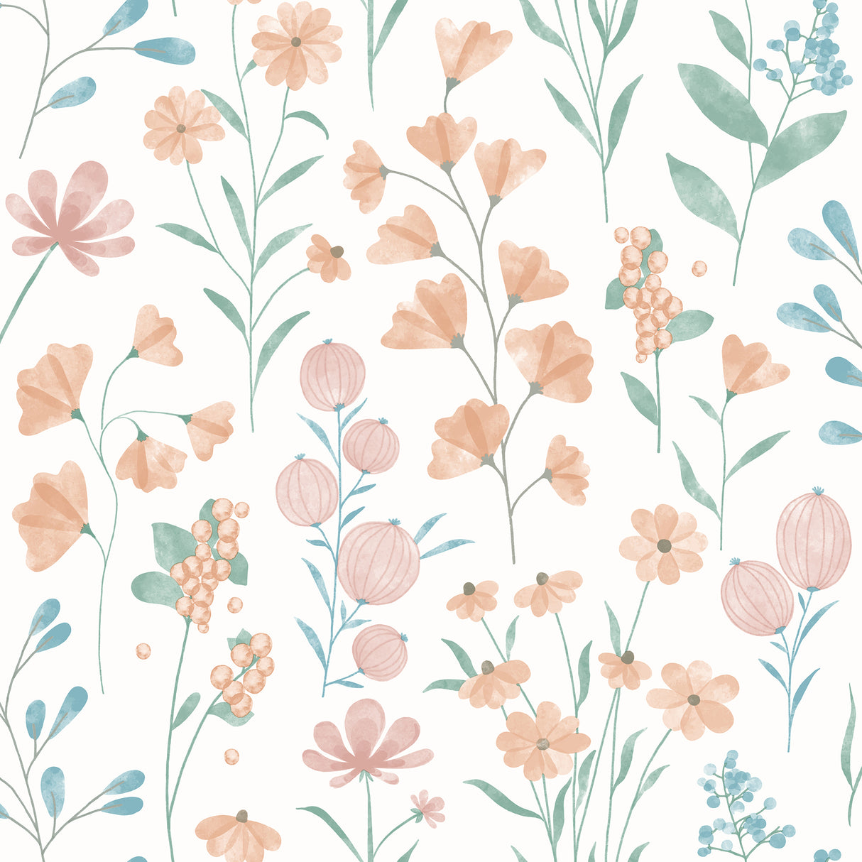 Floral Candy Orange non-woven wallpaper with pastel flowers on white background
