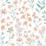 Floral Candy Orange non-woven wallpaper with pastel flowers on white background