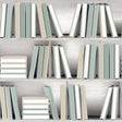 Nook Book Green bookshelf wallpaper roll showing stacked books pattern in soft green and neutrals
