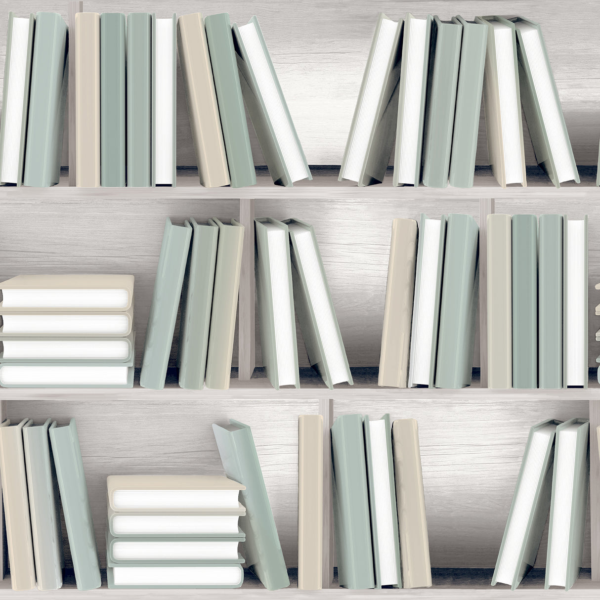Nook Book Green bookshelf wallpaper roll showing stacked books pattern in soft green and neutrals