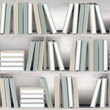 Nook Book Green bookshelf wallpaper roll showing stacked books pattern in soft green and neutrals
