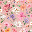 Floral Fantasia Pink non-woven unpasted wallpaper roll with multicolor flowers on pink ground
