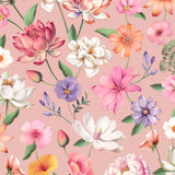 Floral Fantasia Pink non-woven unpasted wallpaper roll with multicolor flowers on pink ground