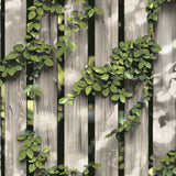 Palisade Beige trompe l’oeil fence with vines wallpaper roll and room scene