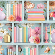 Blossom Shelves Blue wallpaper roll with pastel books and florals on bookshelf design