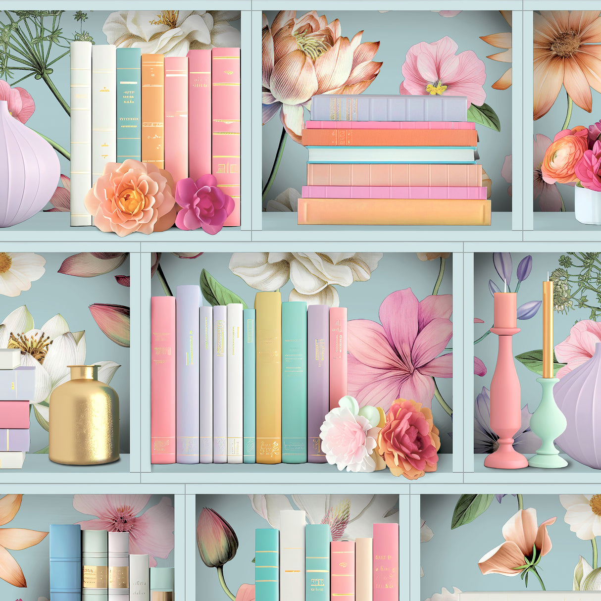 Blossom Shelves Blue wallpaper roll with pastel books and florals on bookshelf design