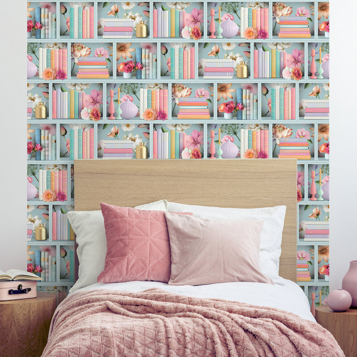 Blossom Shelves Blue by Veer Decor Novelty Bookshelf Wallpaper – Veer Decor 8196-AE1