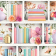 Blossom Shelves Multi wallpaper roll with pastel books and florals on white shelves